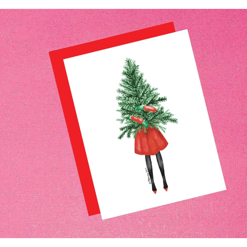 Greeting card with a Christmas tree in a red dress on a pink background