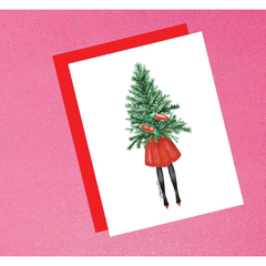 Greeting card with a Christmas tree in a red dress on a pink background