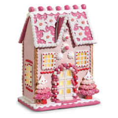13" Lighted Pink Gingerbread House
