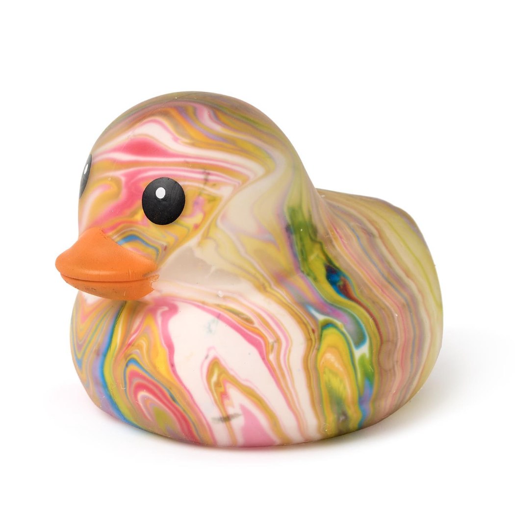 Colorful marbled rubber duck on a white background