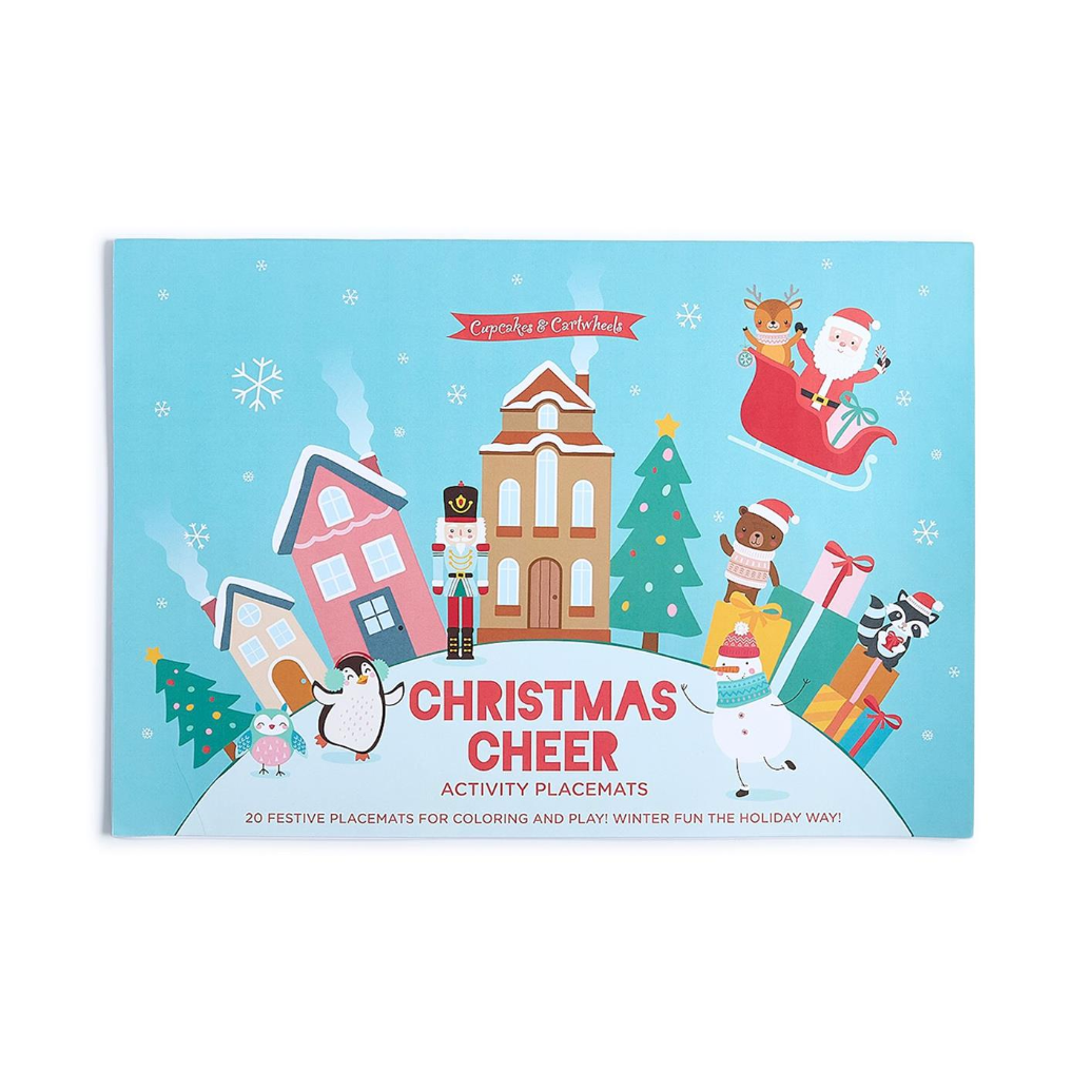 Christmas-themed placemat with festive illustrations on a blue background