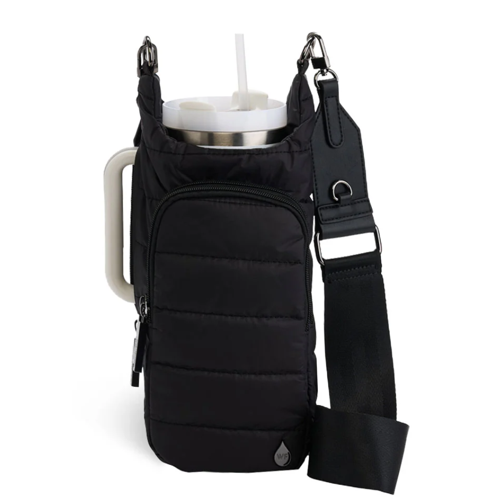 Black insulated drink carrier with a white cup on a white background