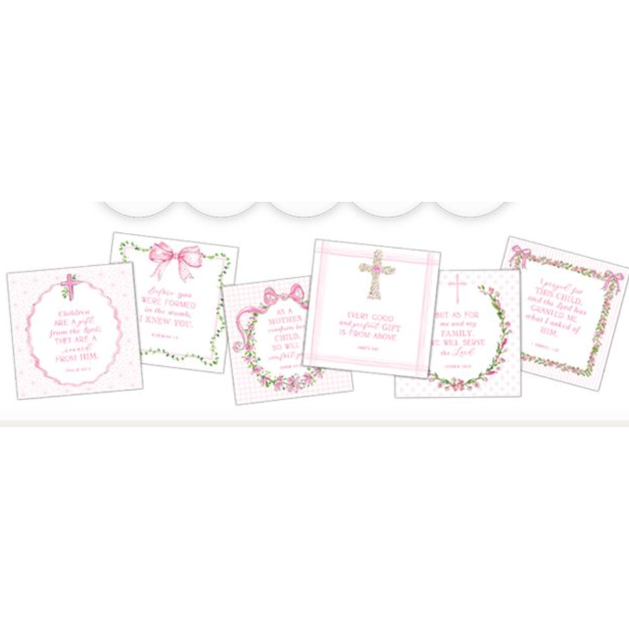 Set of pink and white cards with religious text and designs on a white background.