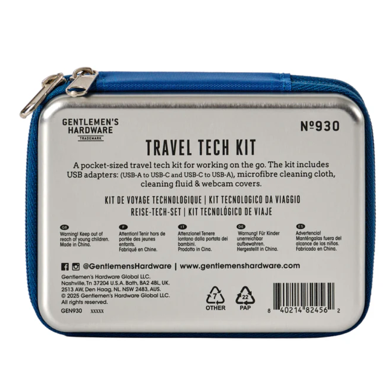 A rectangular zippered pouch shown from the back, branded Gentlemen's Hardware Travel Tech Kit No. 930.