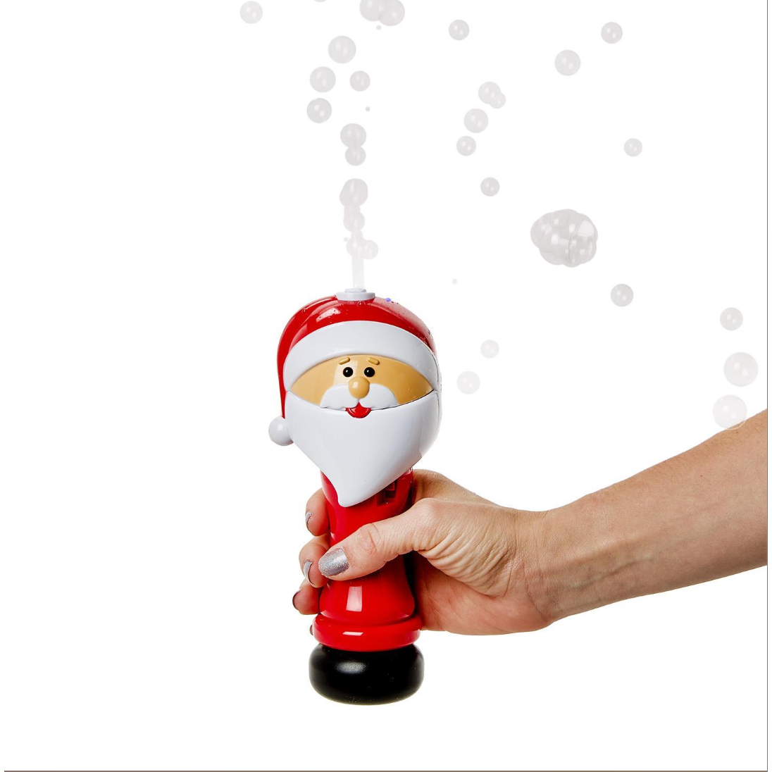 Hand holding a Santa Claus bubble blower with bubbles around it on a white background