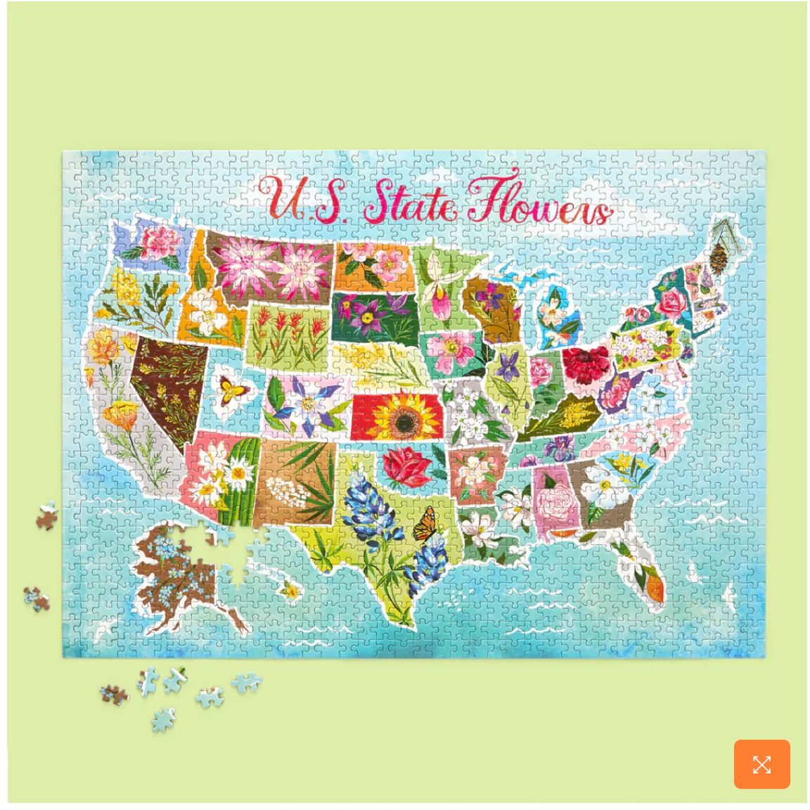 U.S. state flowers puzzle with a map design on a light green background