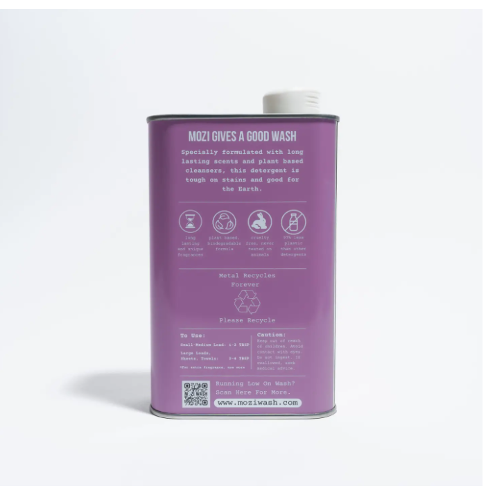 Purple canister with text and recycling information on a white background