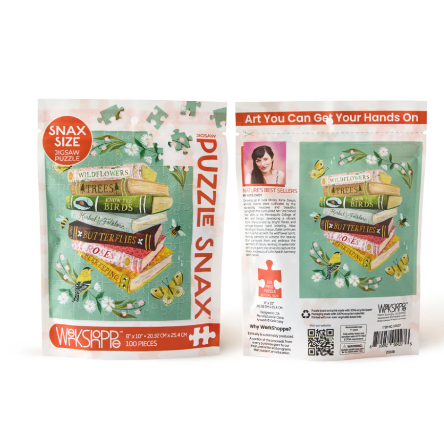 Puzzle Snax packaging with illustrations of books and nature on a white background