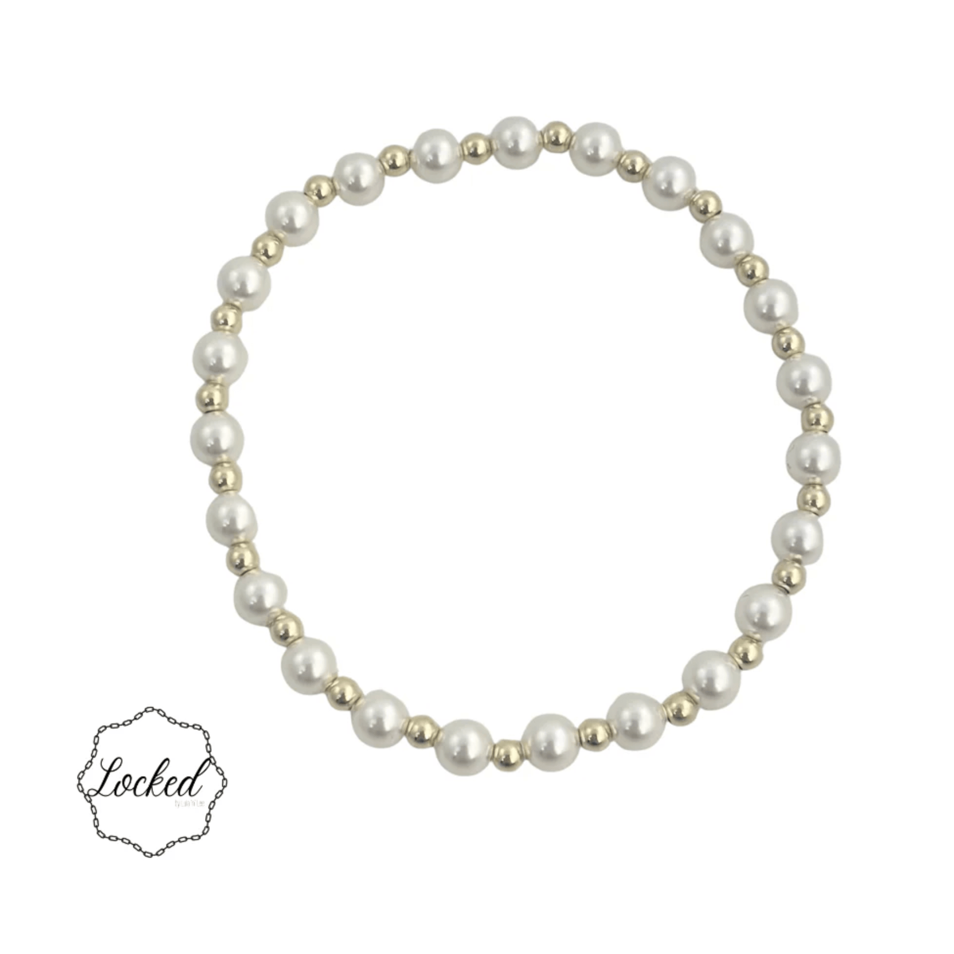 3mm Gold Filled and 5 mm Glass Pearl Pattern Beaded Bracelet - White Farmhouse Flowers
