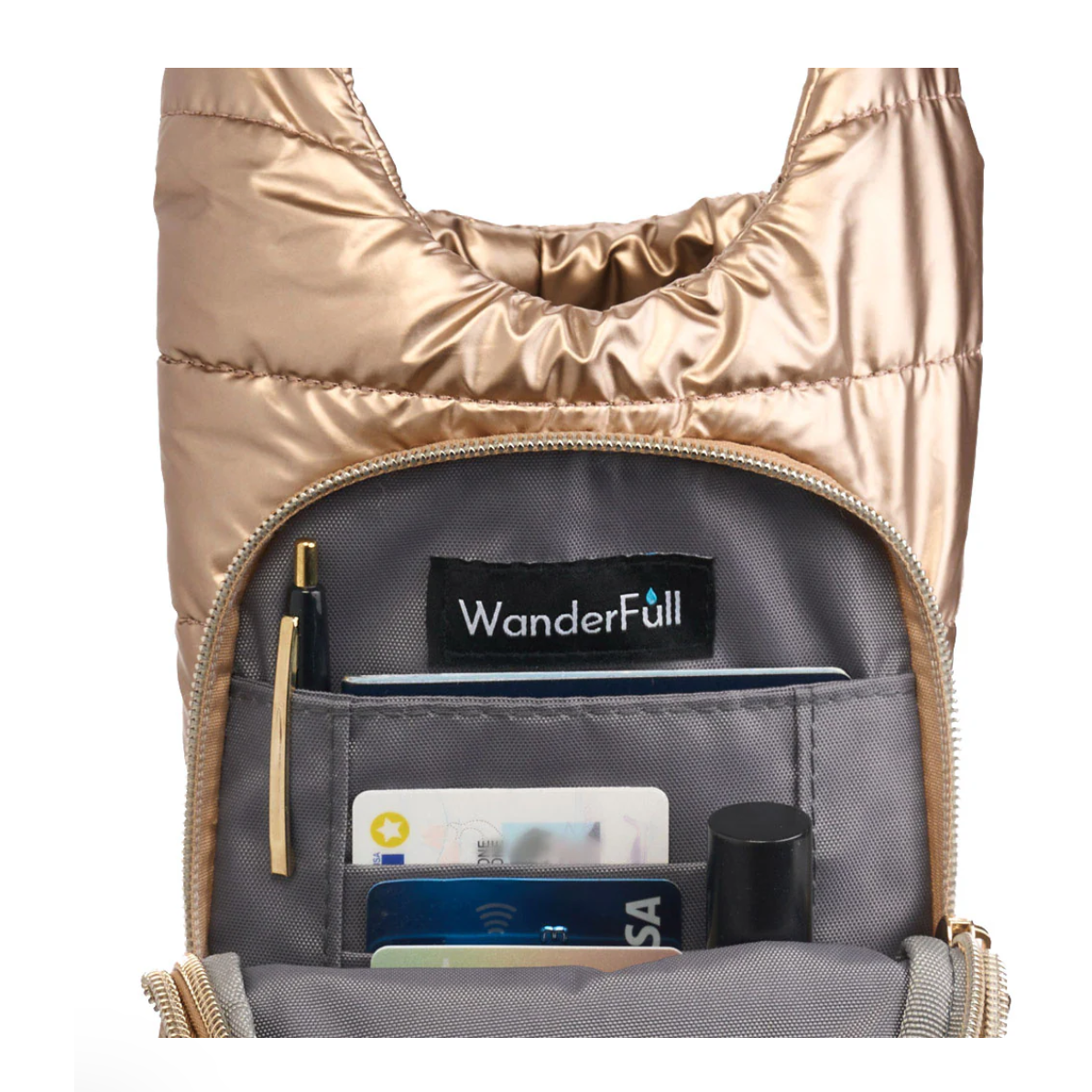 Gold and gray backpack with 'WanderFull' logo, showing interior with cards and a pen.