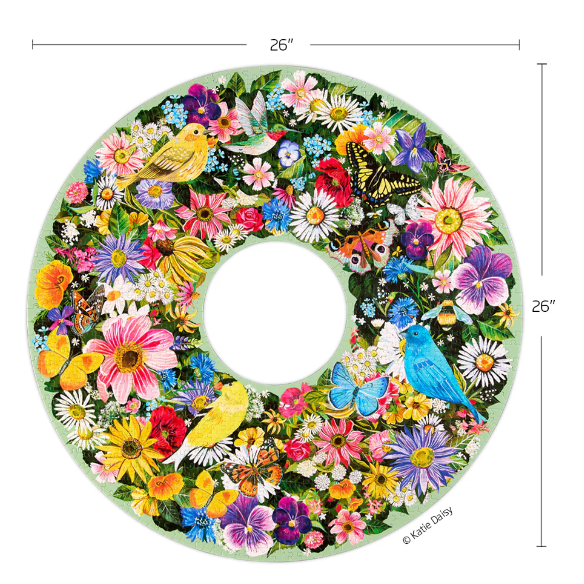 Decorative wreath with flowers and birds, shown with dimensions on a white background.