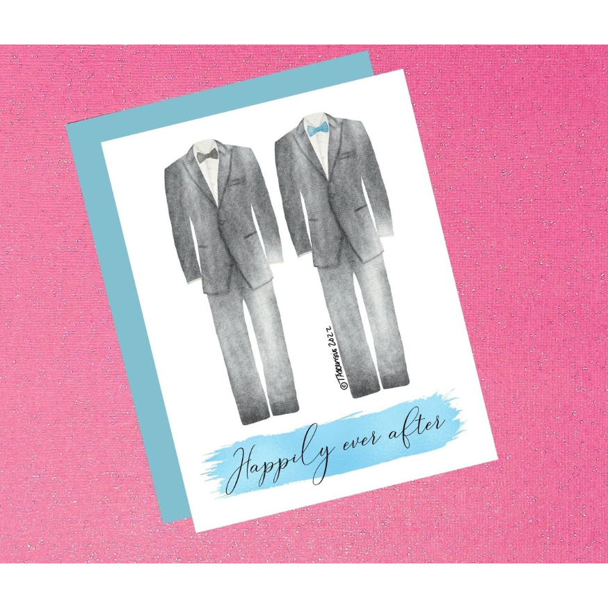 Watercolor Two Grooms Happily Ever After Wedding Anniversary Card