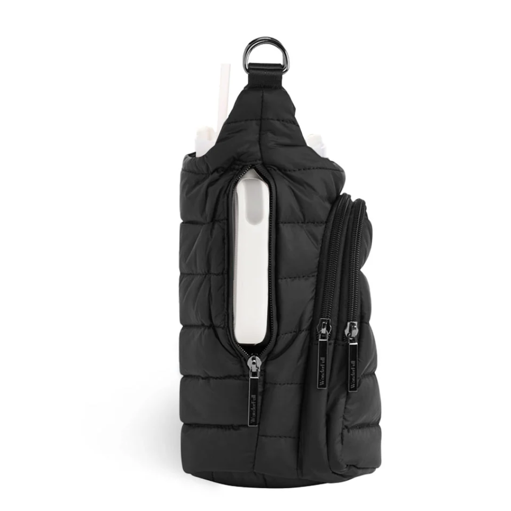Black puffer backpack with a central pocket on a white background