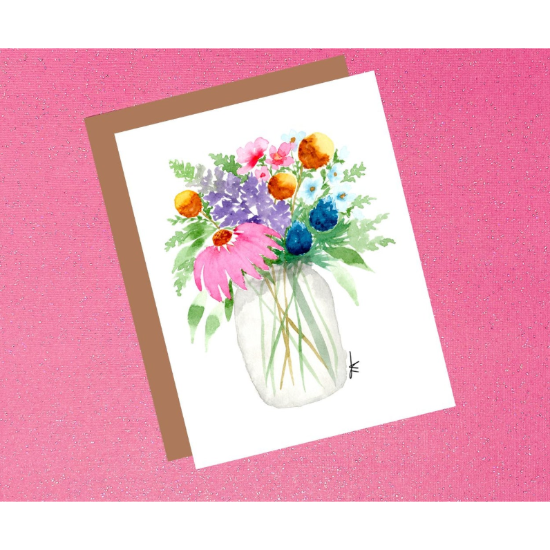 Wildflower Bouquet In A Jar Watercolor Flower Greeting Card