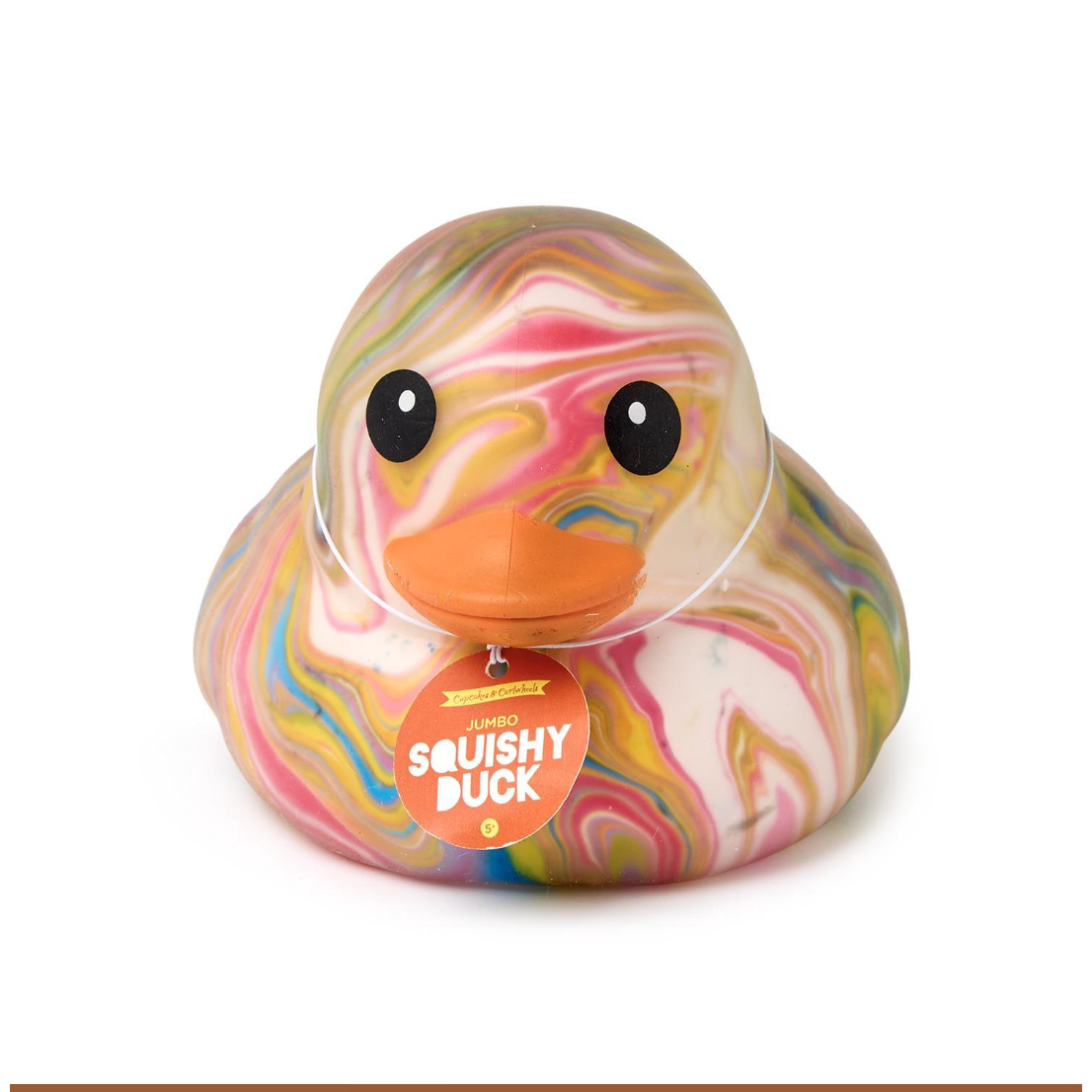Colorful marbled rubber duck with a visible brand label on a white background