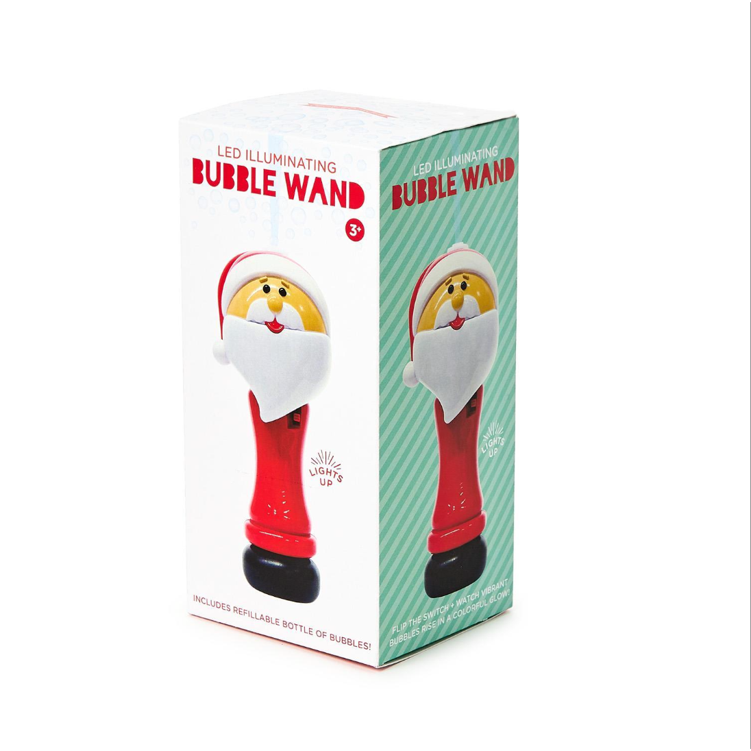 Boxed LED illuminating bubble wand with Santa Claus design on a white background
