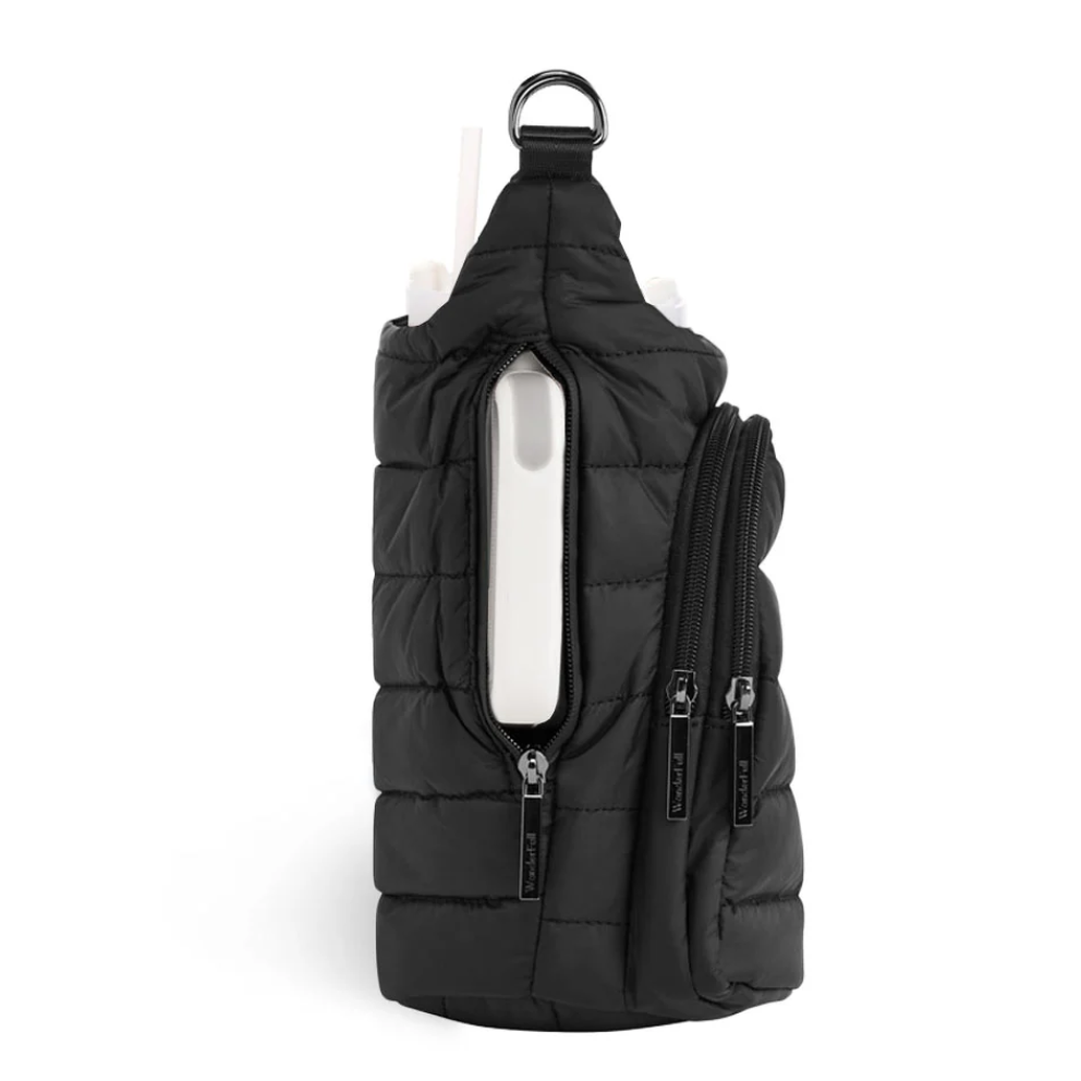 Black puffer-style sling bag on a white background