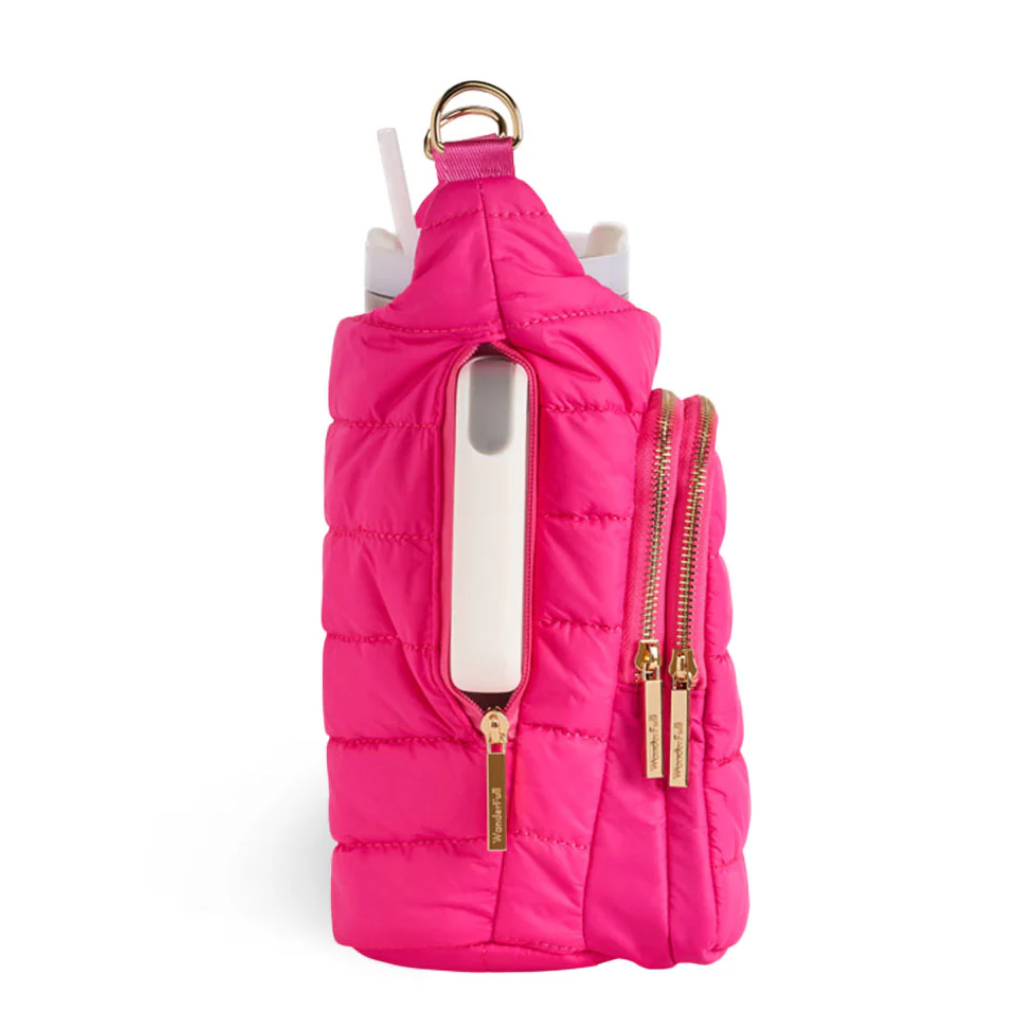 Pink puffer-style phone case with gold zippers on a white background