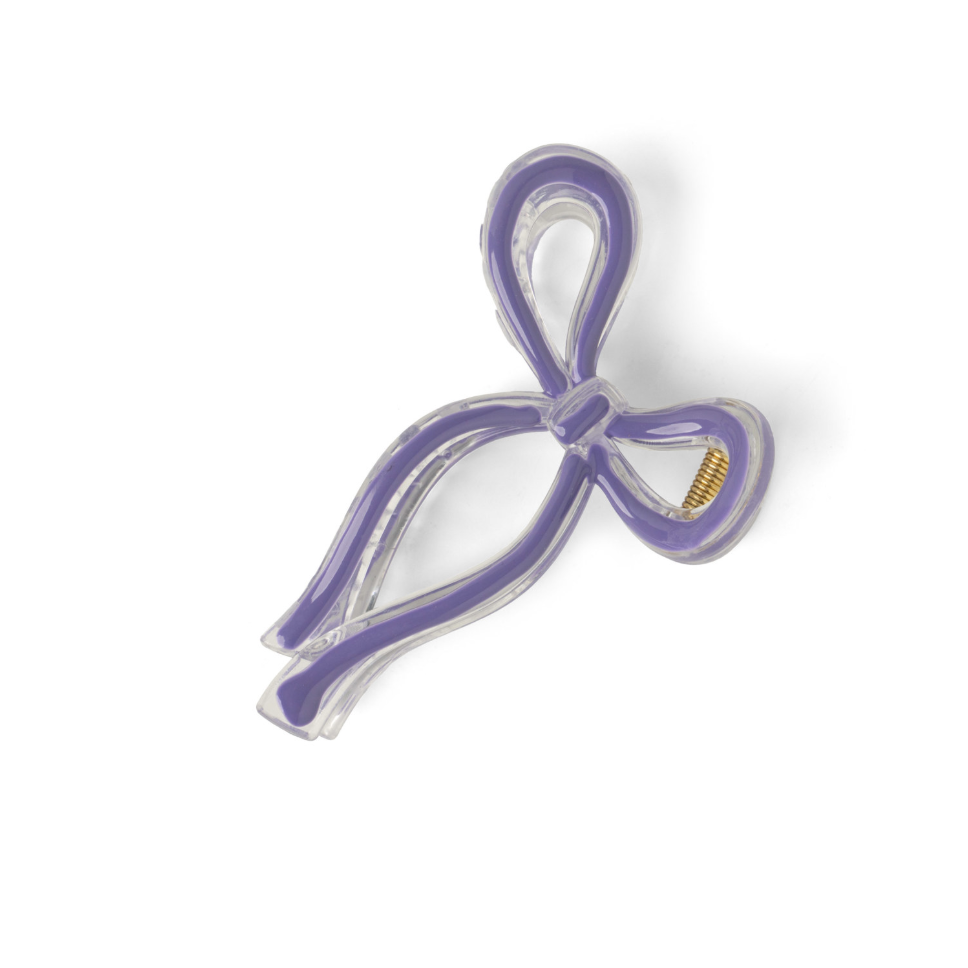 Purple and silver ribbon-shaped object on a white background