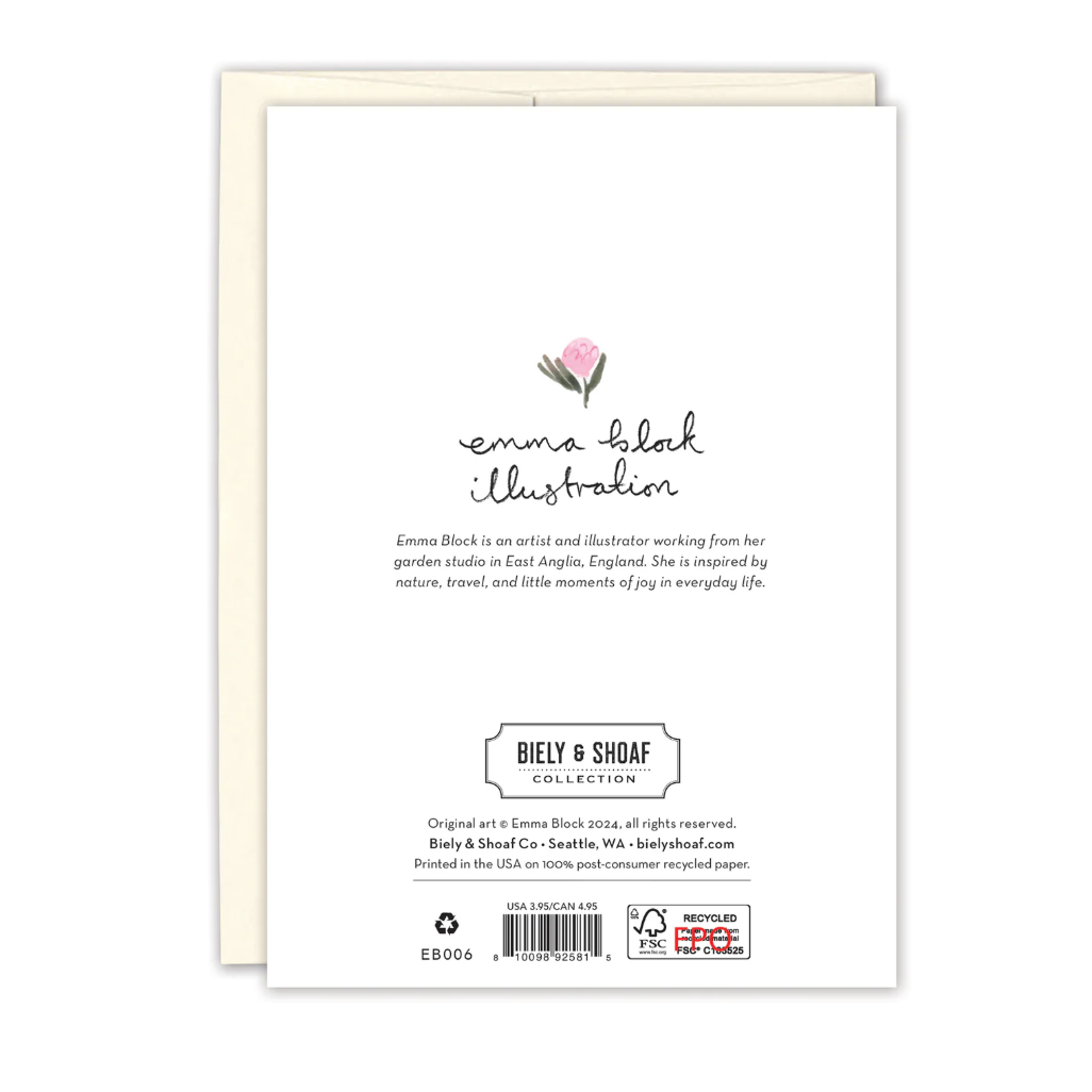 Back of a greeting card with 'Emma Block Illustration' branding and product details.