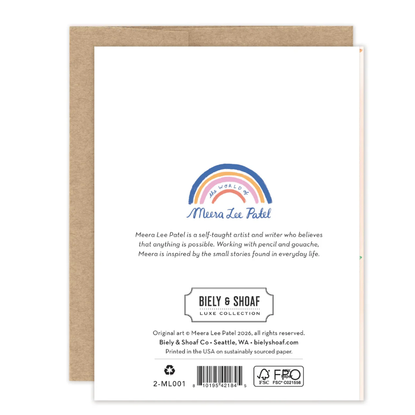 Back of a greeting card with a rainbow design and text, featuring the brand 'Biely & Shoaf'.