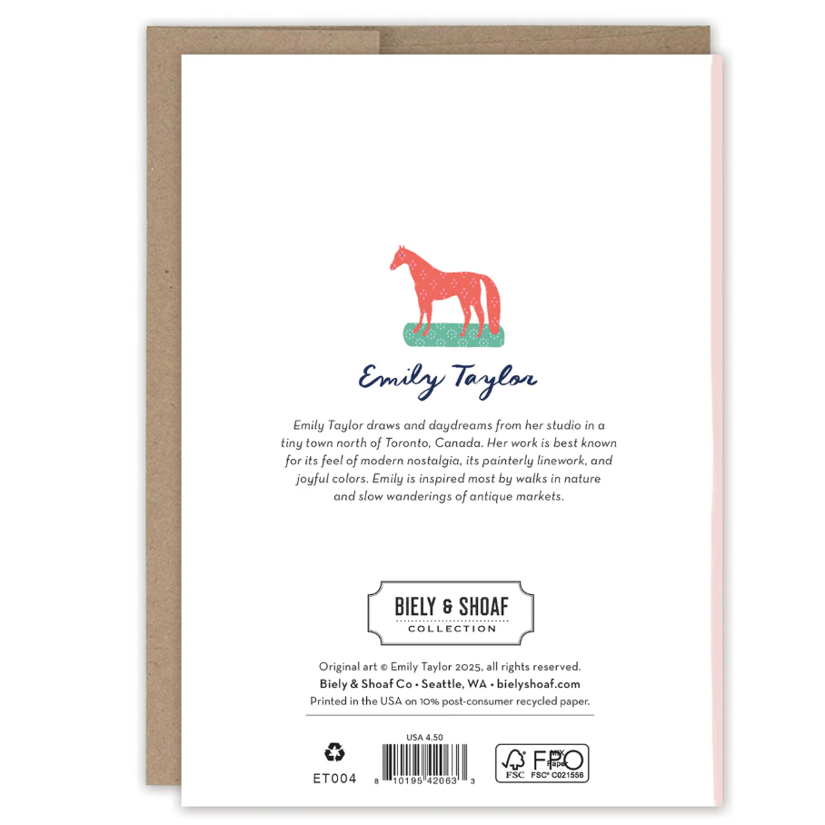 Back of a greeting card with a horse illustration and text about Emily Taylor and Biely & Shoaf Collection.