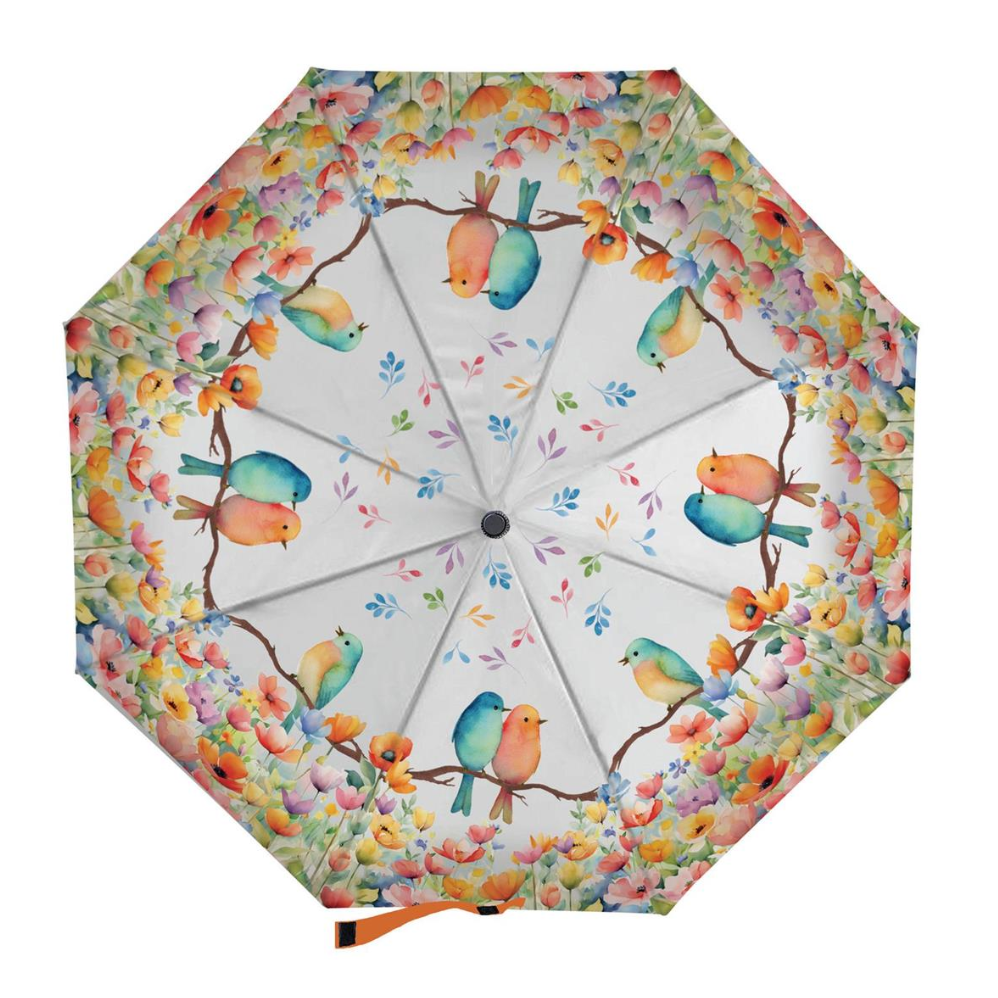 Colorful umbrella with bird and floral design on a white background