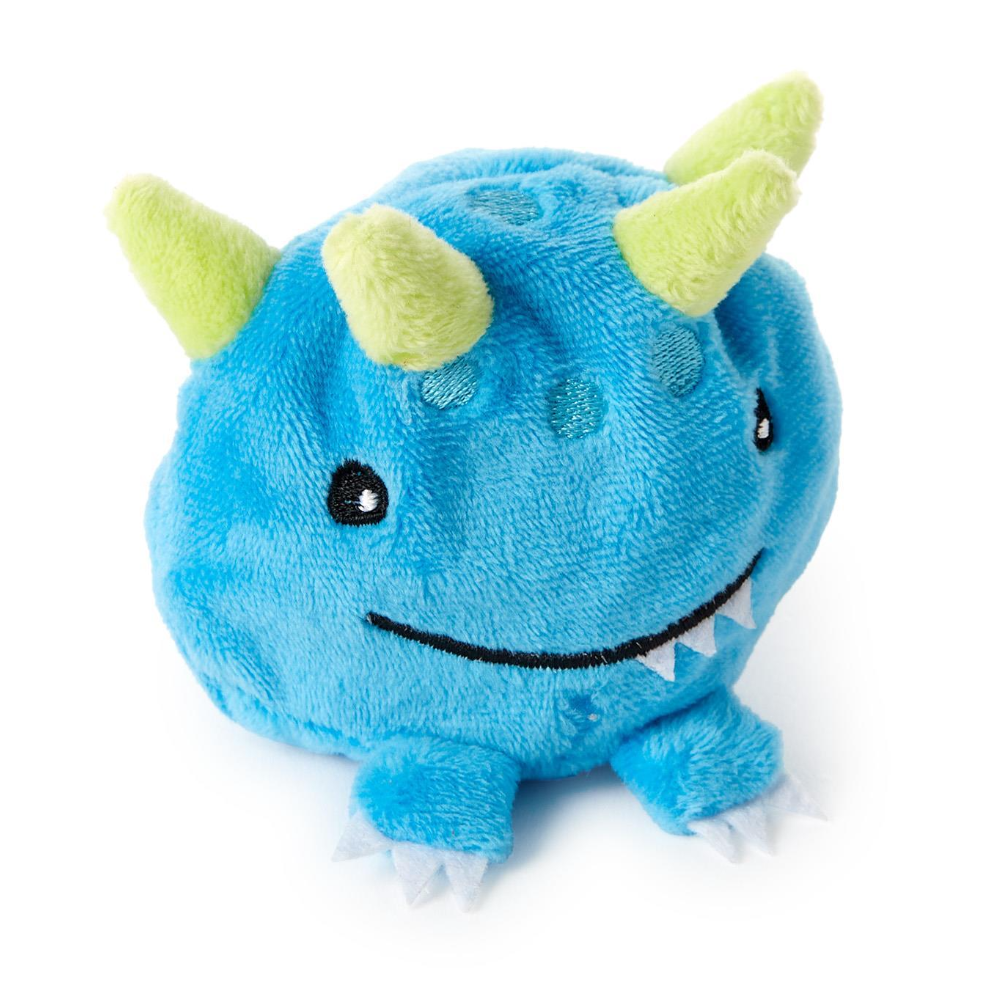 Blue plush toy with green horns on a white background