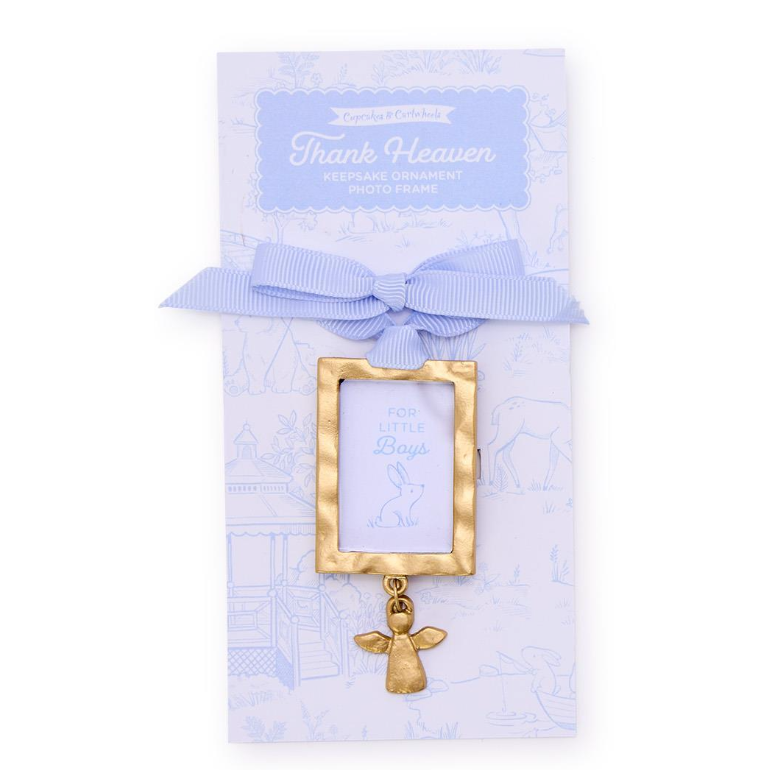 Gold baby shower frame with angel charm on a blue and white card