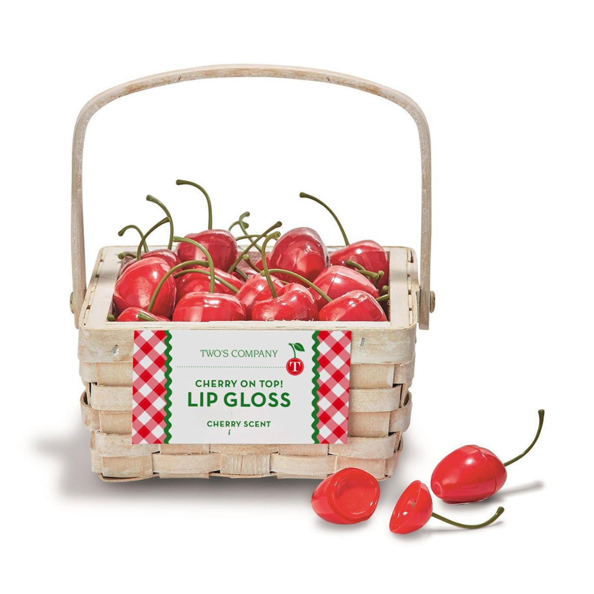 Lip gloss in a basket with cherries on a white background