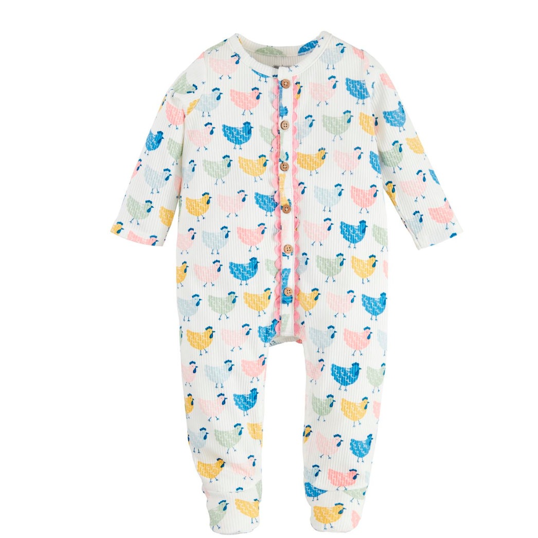 Children's onesie with colorful chicken pattern on a white background