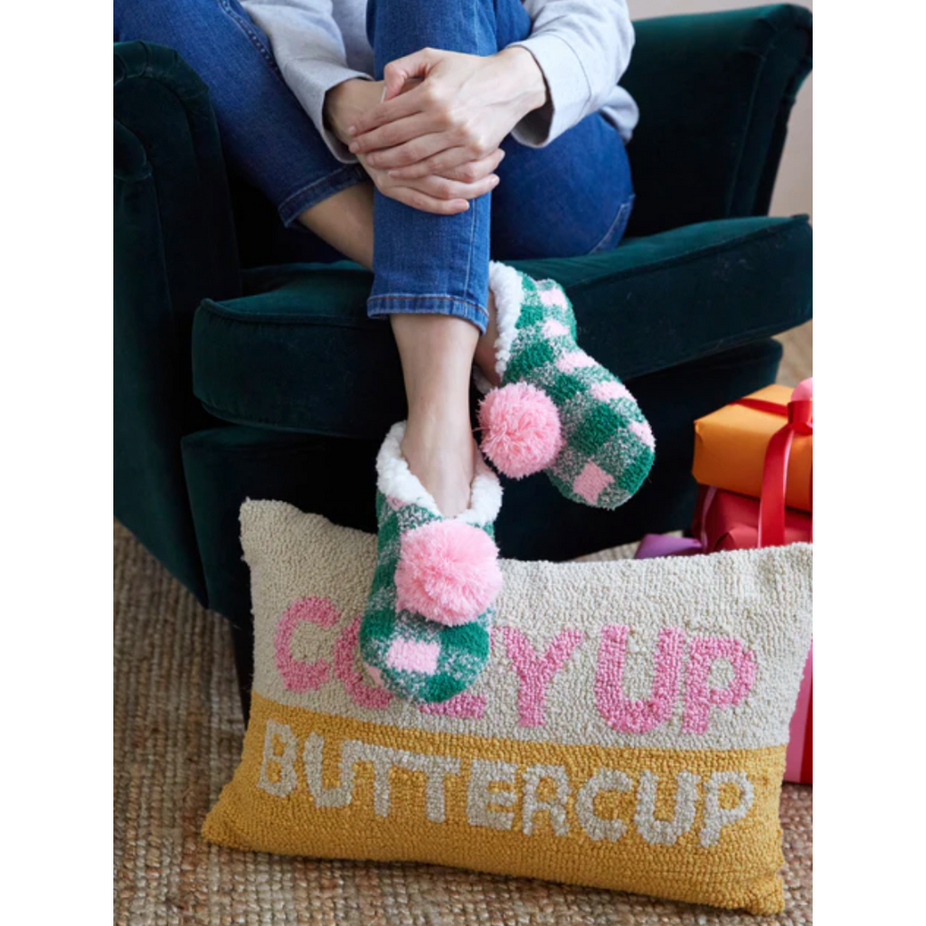 Chlo Plaid Knit Holiday Slippers with Pom, Green 1