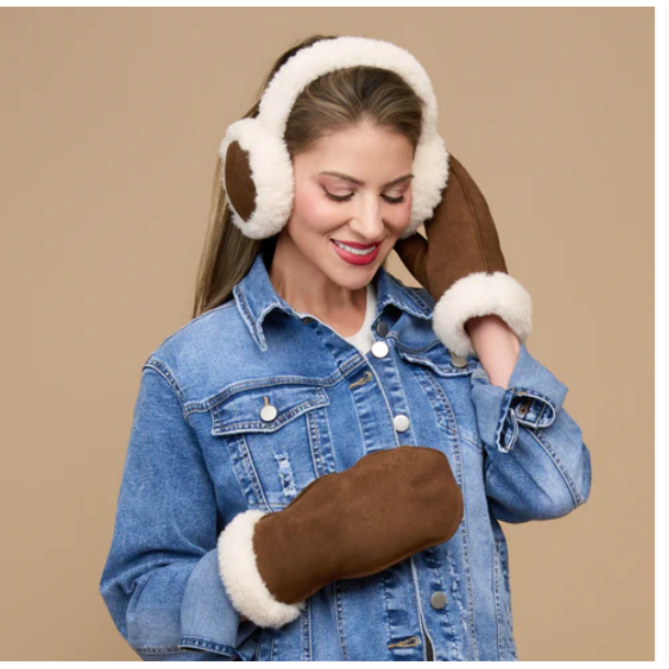 Model wearing Chocolate Earmuffs