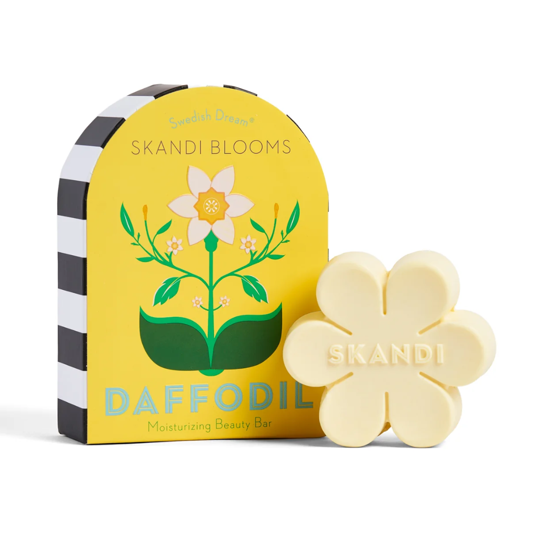 Skandi Blooms Daffodil soap bar with packaging on a white background