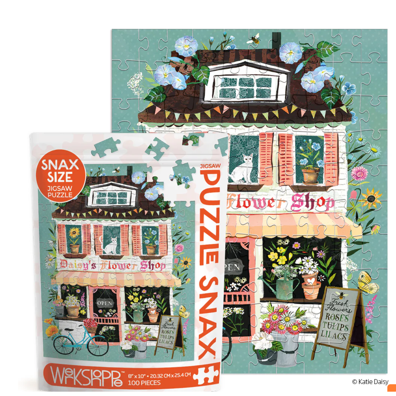 Jigsaw puzzle packaging for a flower shop scene with 'Snax Size' label.