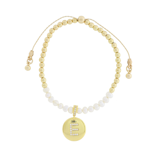 Freshwater Pearl and Crystal Loop with Pave Crystal "E" Disc Bracelet