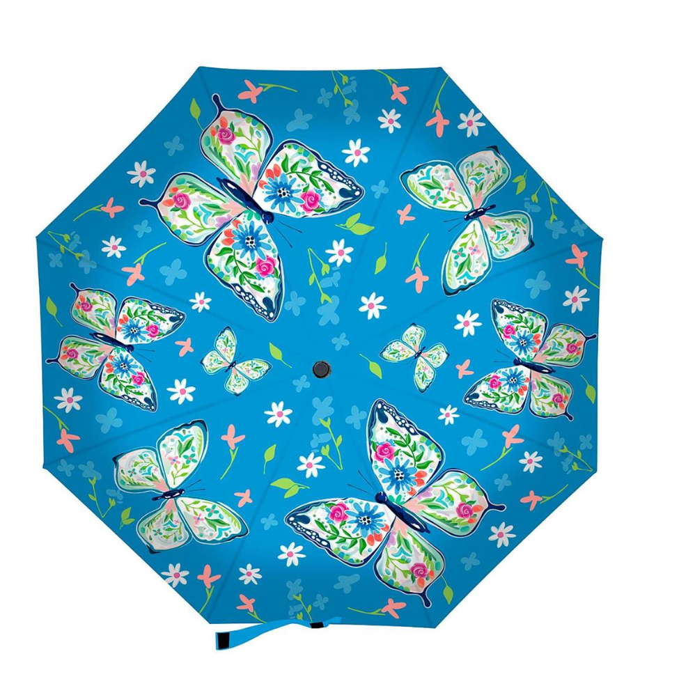Umbrella with butterfly and floral design on a blue background