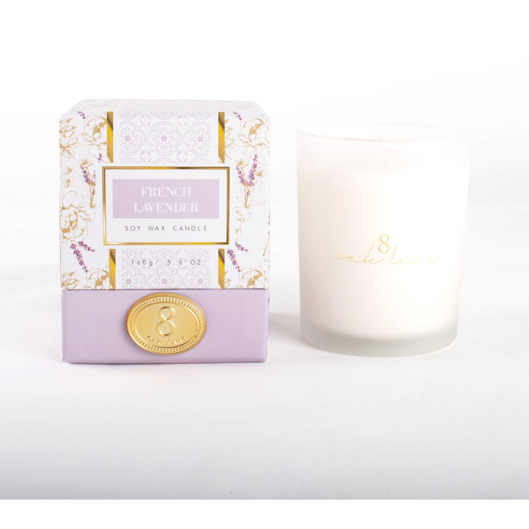French Lavender candle with packaging on a white background