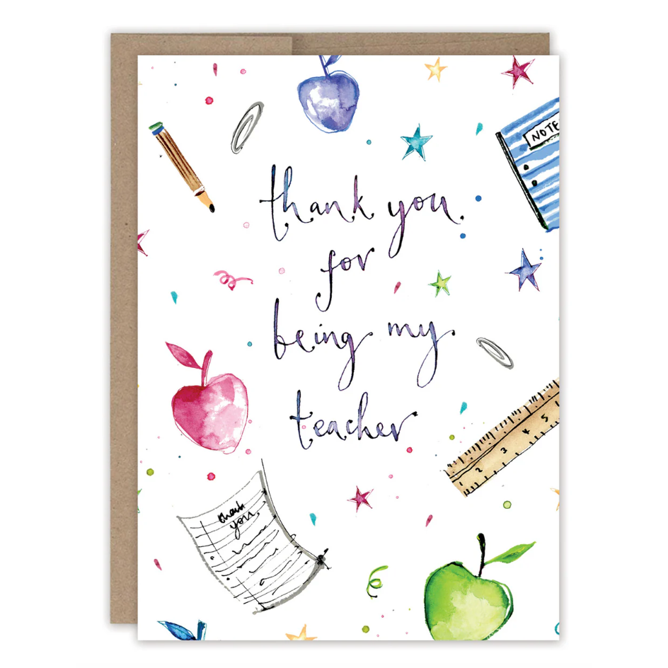Greeting card with educational-themed illustrations and 'thank you for being my teacher' text.