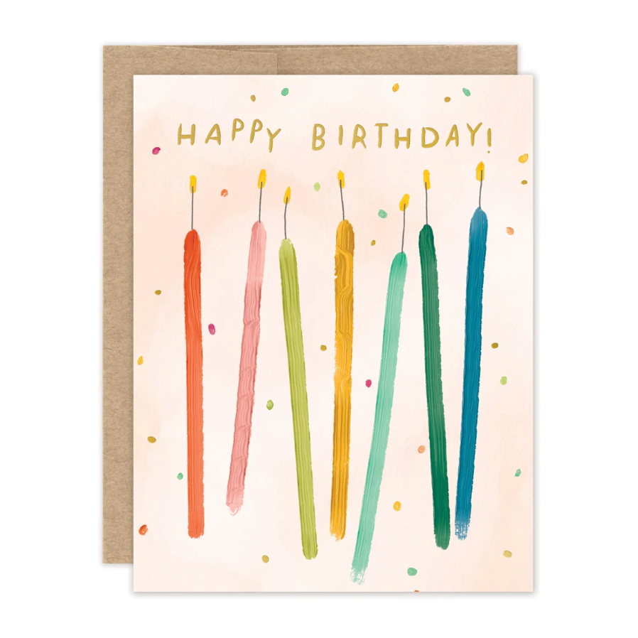 Birthday card with colorful candles and 'Happy Birthday!' text on a beige background