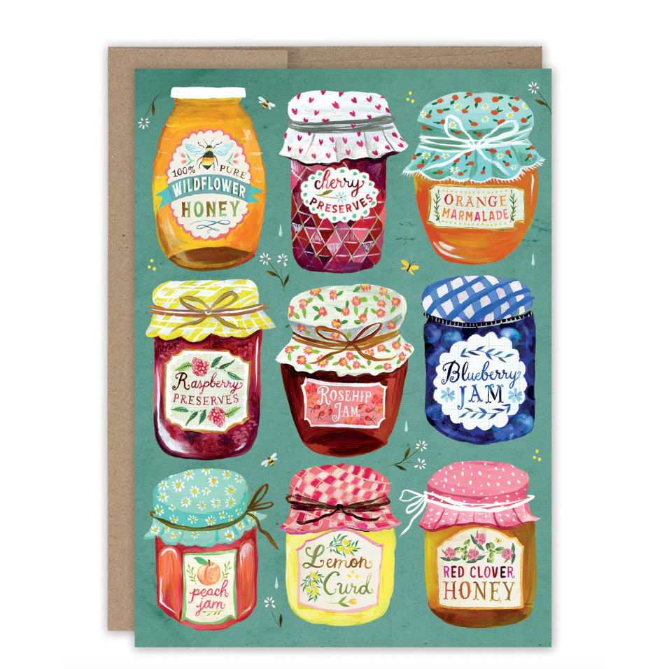Card with illustrations of various jam jars with labels on a green background