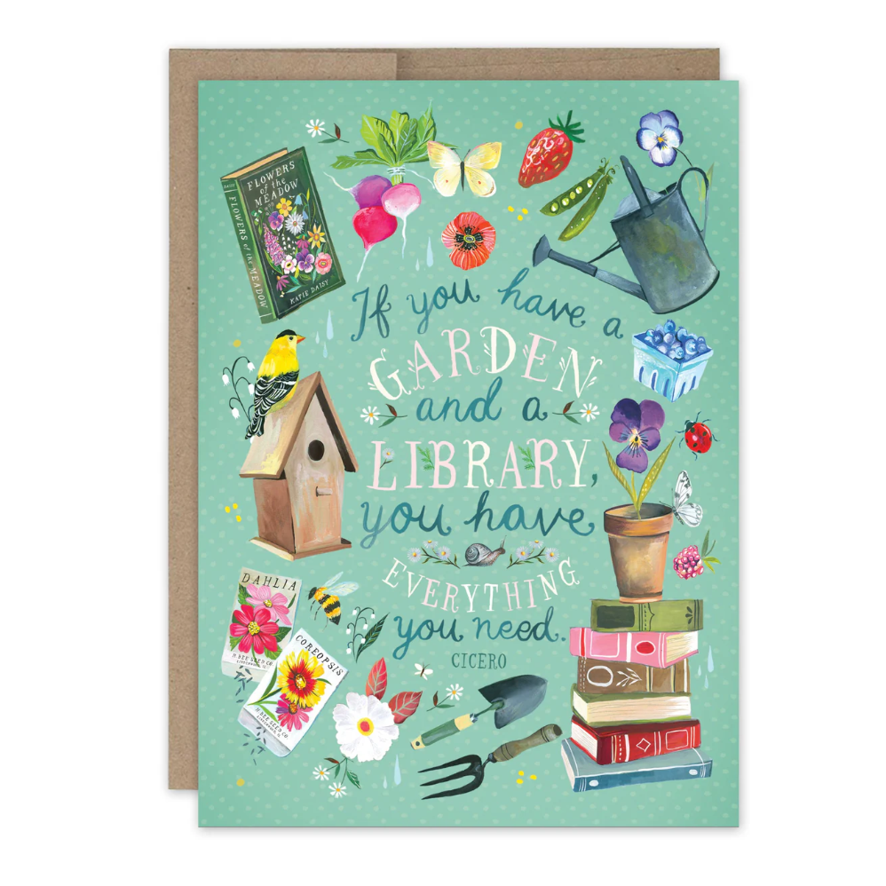 Greeting card with gardening-themed illustrations and a quote on a light blue background.