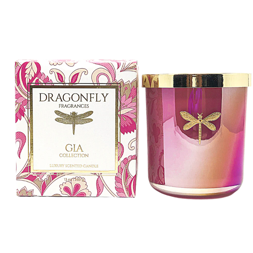 Dragonfly Fragrances GIA candle with decorative packaging on a white background