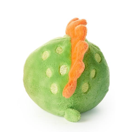 Green plush toy with orange accents on a white background