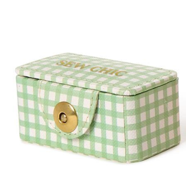 Green and white checkered jewelry box with 'Sew Chic' text on a white background