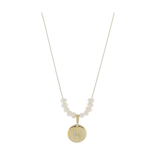 Freshwater Pearl and Crystal Loop with "H" Initial Gold Necklace
