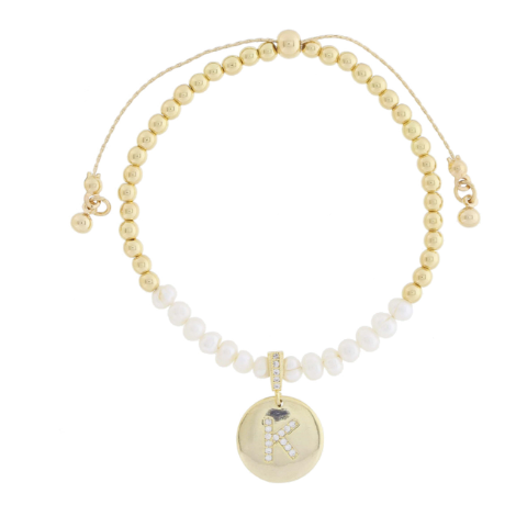 Freshwater Pearl and Crystal Loop with Pave Crystal "K" Disc Bracelet
