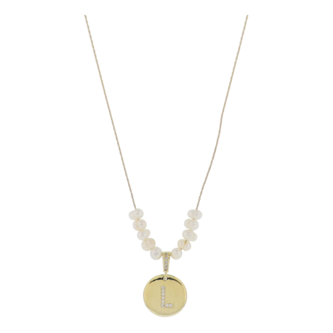 Freshwater Pearl and Crystal Loop with "L" Initial Gold Necklace
