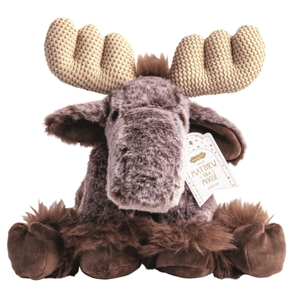 Plush moose toy with a tag on a white background