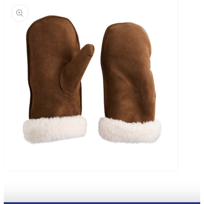 A pair of brown faux-suede mittens with a white faux-fur trim, shown against a plain white background.